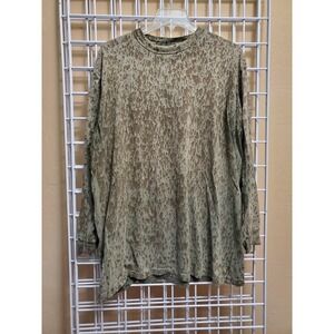 Khaki green camo long sleeve shirt with a distressed look. used but in good cond